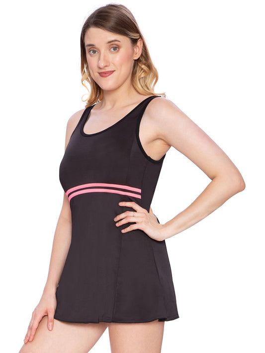 One Piece Swimsuit in Black & Pink Striped Pattern