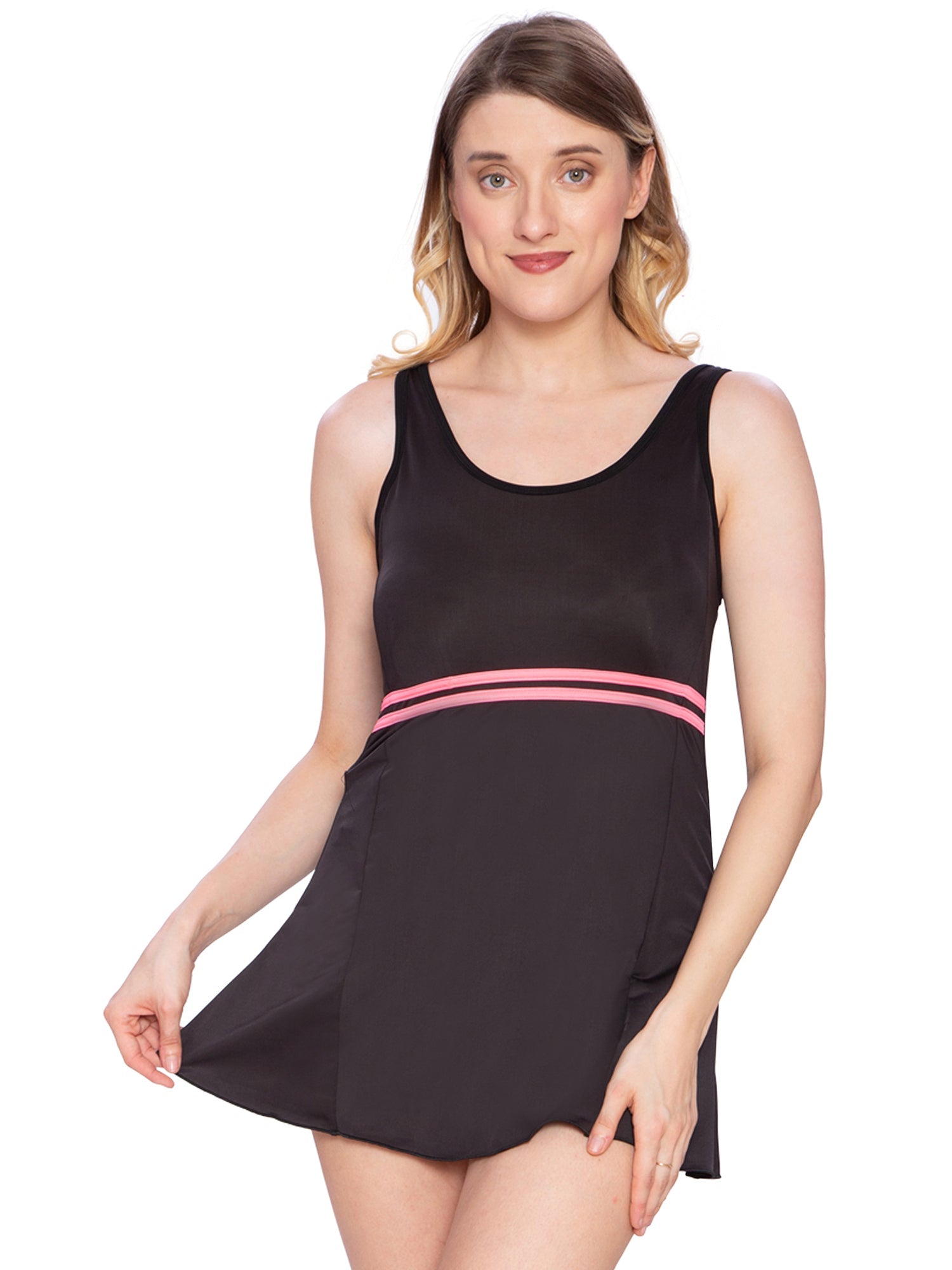 Black & Pink Striped Swimsuit for Women with Attached Shorts