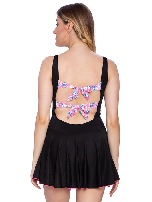 Women's black backless one piece swimsuit with tieable pink straps